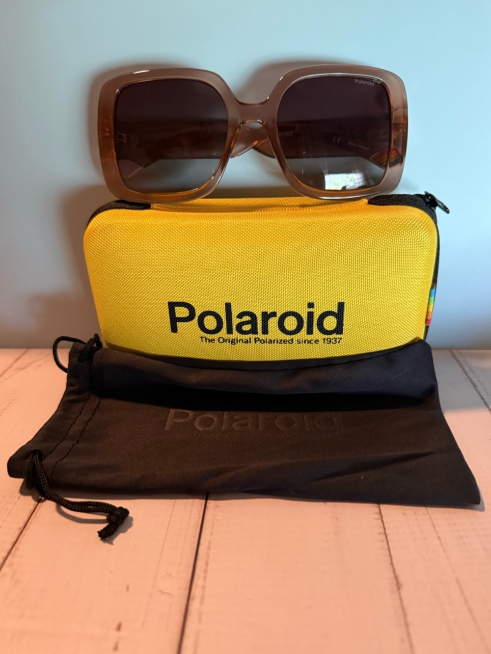 Polaroid Brown Translucent Oversized Square Sunglasses with Yellow Case - Picture 2 of 5
